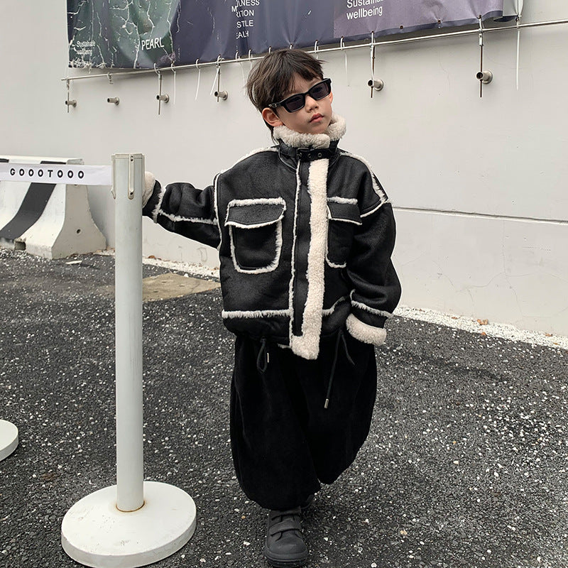 Veste en cuir de garçon Manteau rembourré polaire Automne et vêtements d'hiver