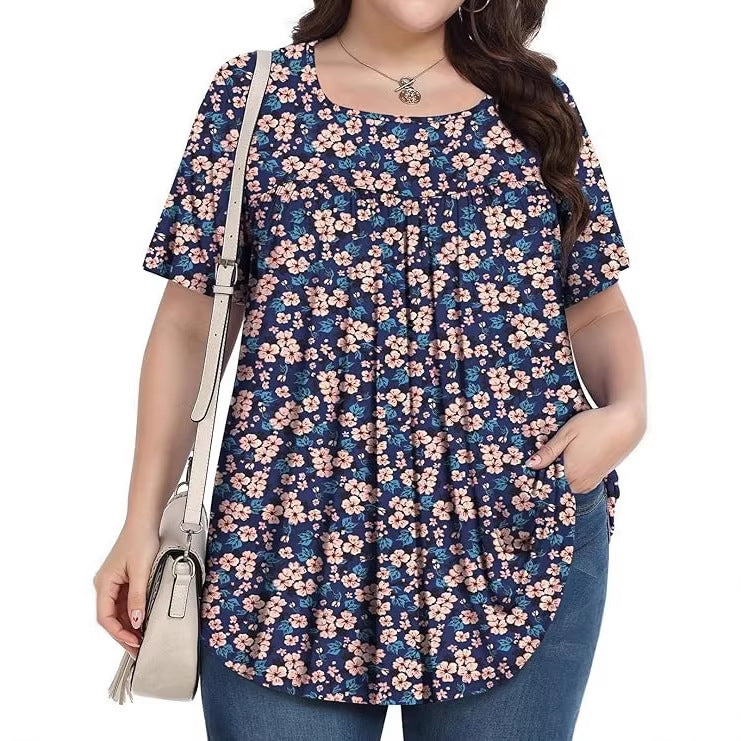 T-shirt casual à col rond à manches courtes avec imprimé floral plus taille