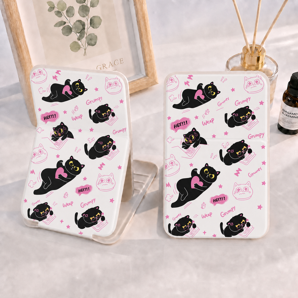 Cute Cartoon Noir Cat pliant miroir compact