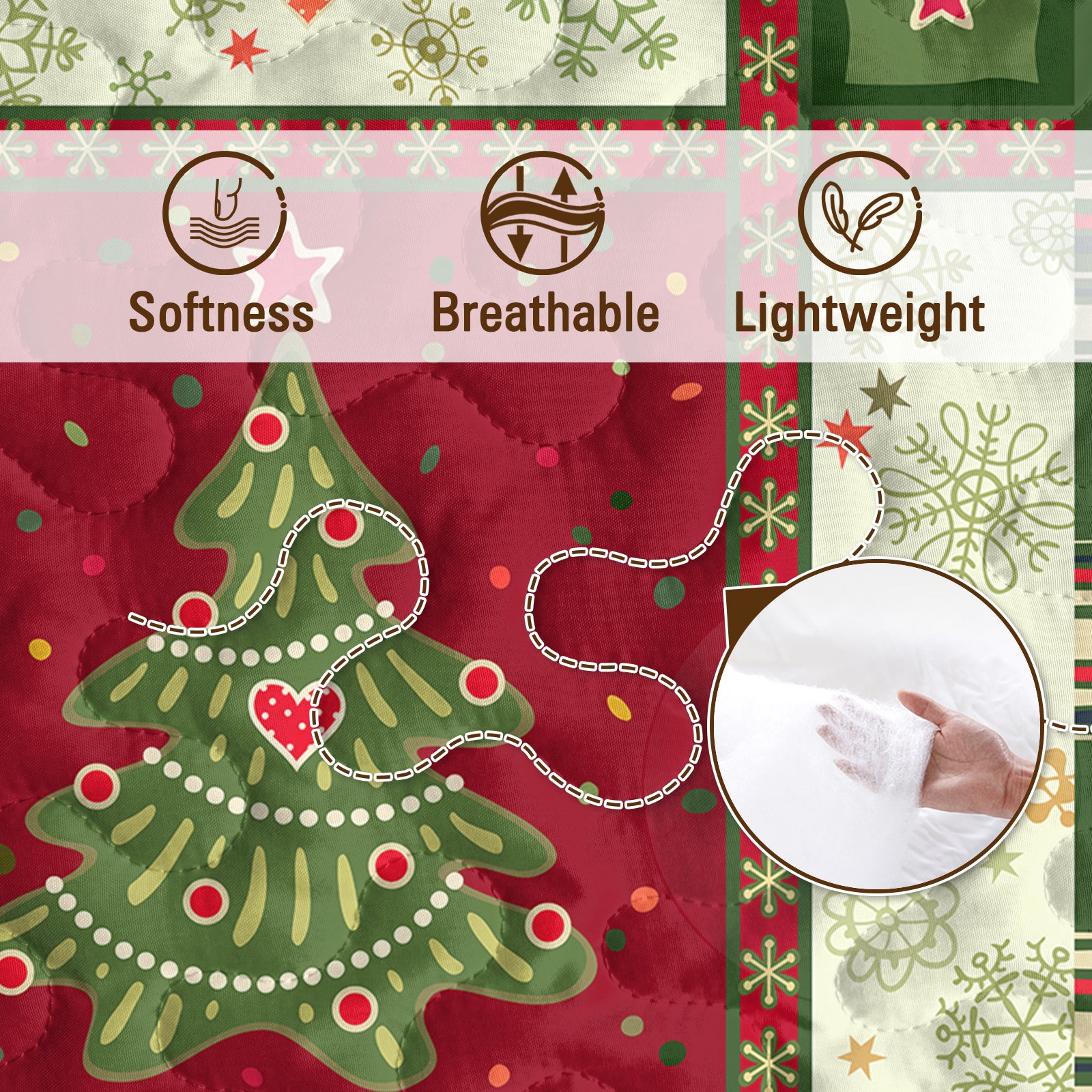 3 pièces Mignon arbre de Noël jeu de courtepointe rouge vert flocons de neige motif couvre-lit léger C