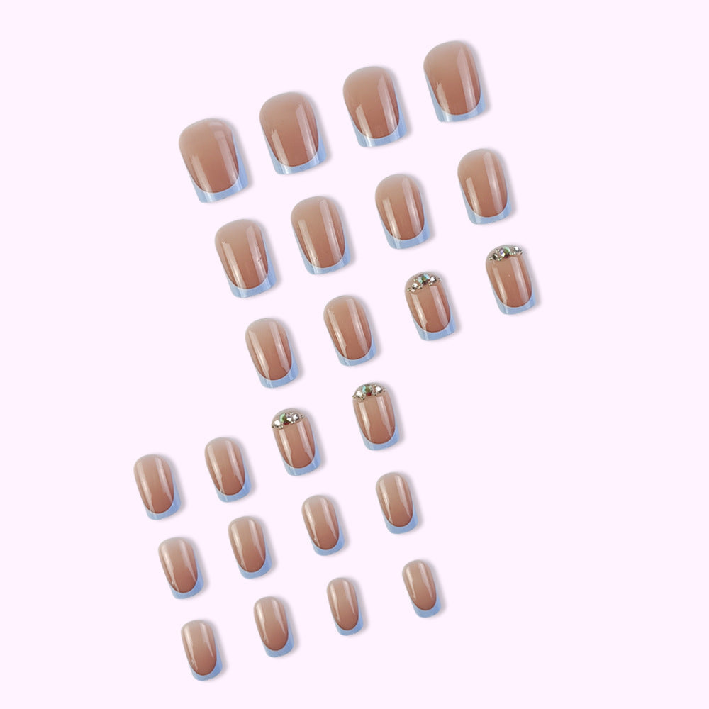 Stickers Nail Acrylique Français 24 Pièces de Court Carré avec Rhins en 3D