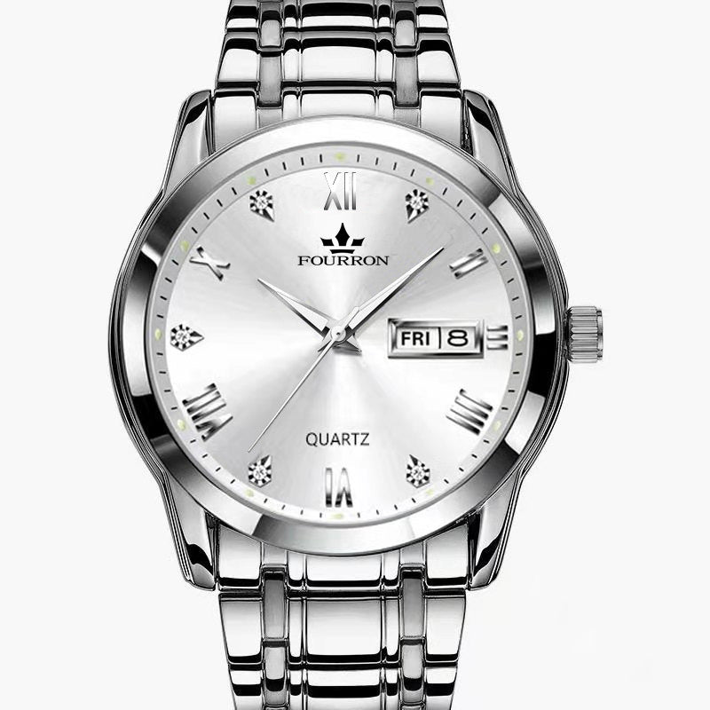Double calendrier lumineux Quartz acier inoxydable Imperméable montre homme avec montre