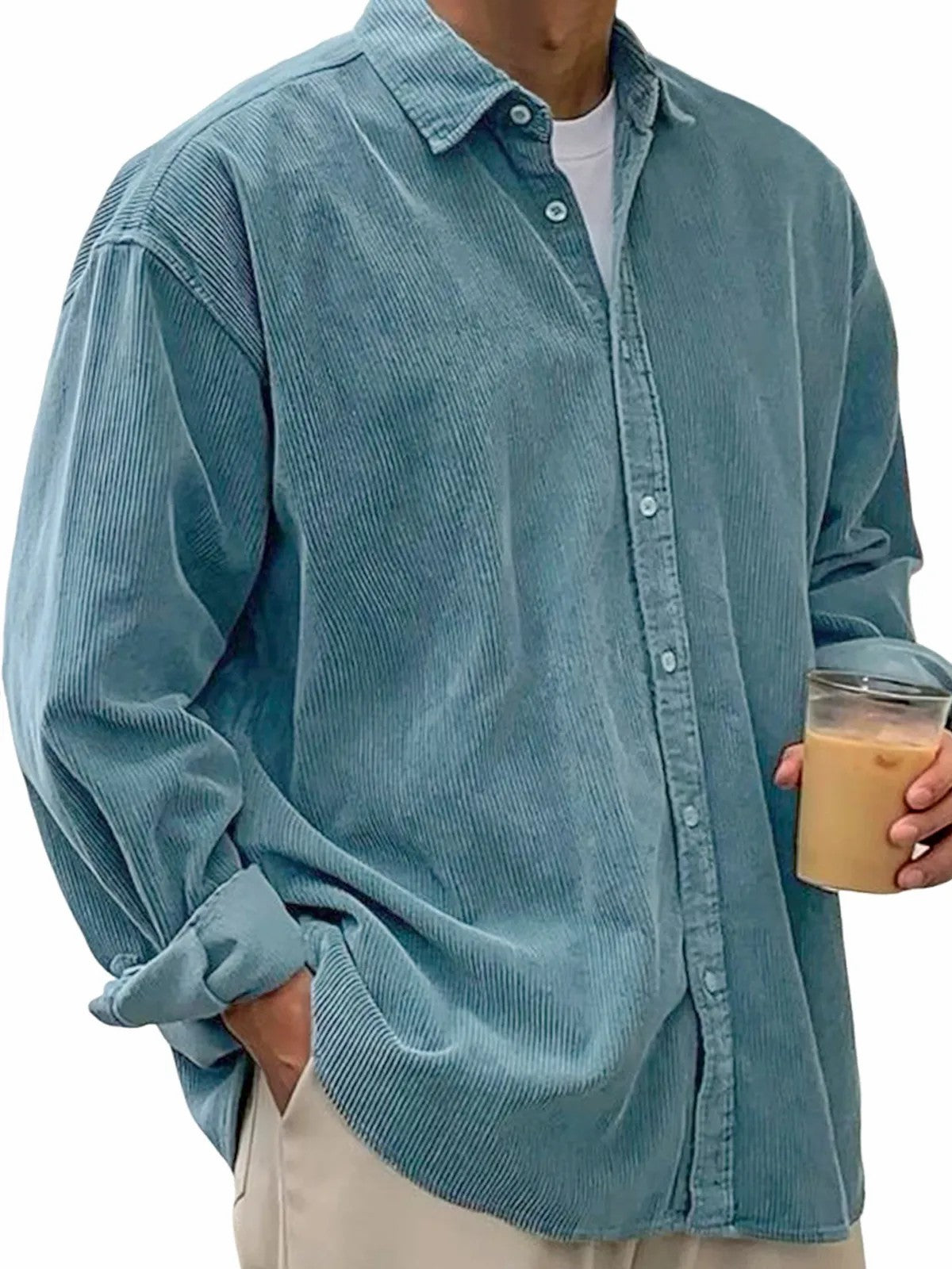 European And American Men's Casual Loose Solid Color Corduroy Lapel Shirt Indépendant Site