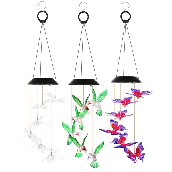 3Pack Solar Hummingbird papillon vent mouche dragon Chimes 7 couleur changer vent Chime pour Ou