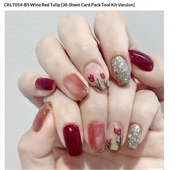 Nails à faux carrés courts de 30 pièces dans le vin rouge Tulip serti d'or
