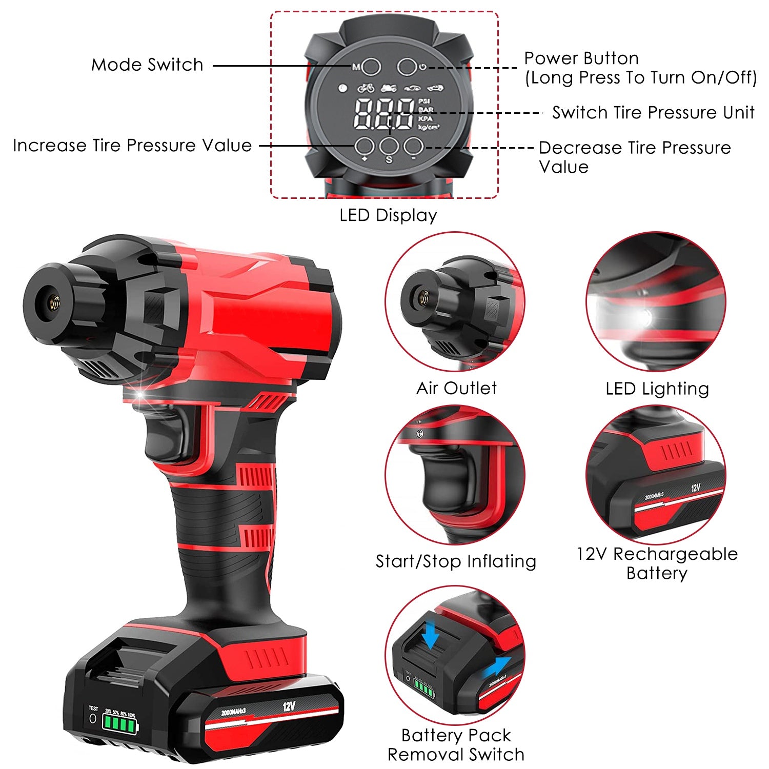 1Pc 150PSI Pneu de voiture sans fil gonflable rechargeable 2V Portable Compresseur d'air électrique