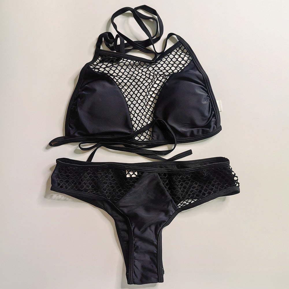 Bikini de maillot de bain deux pièces en maille sexy de couleur unie