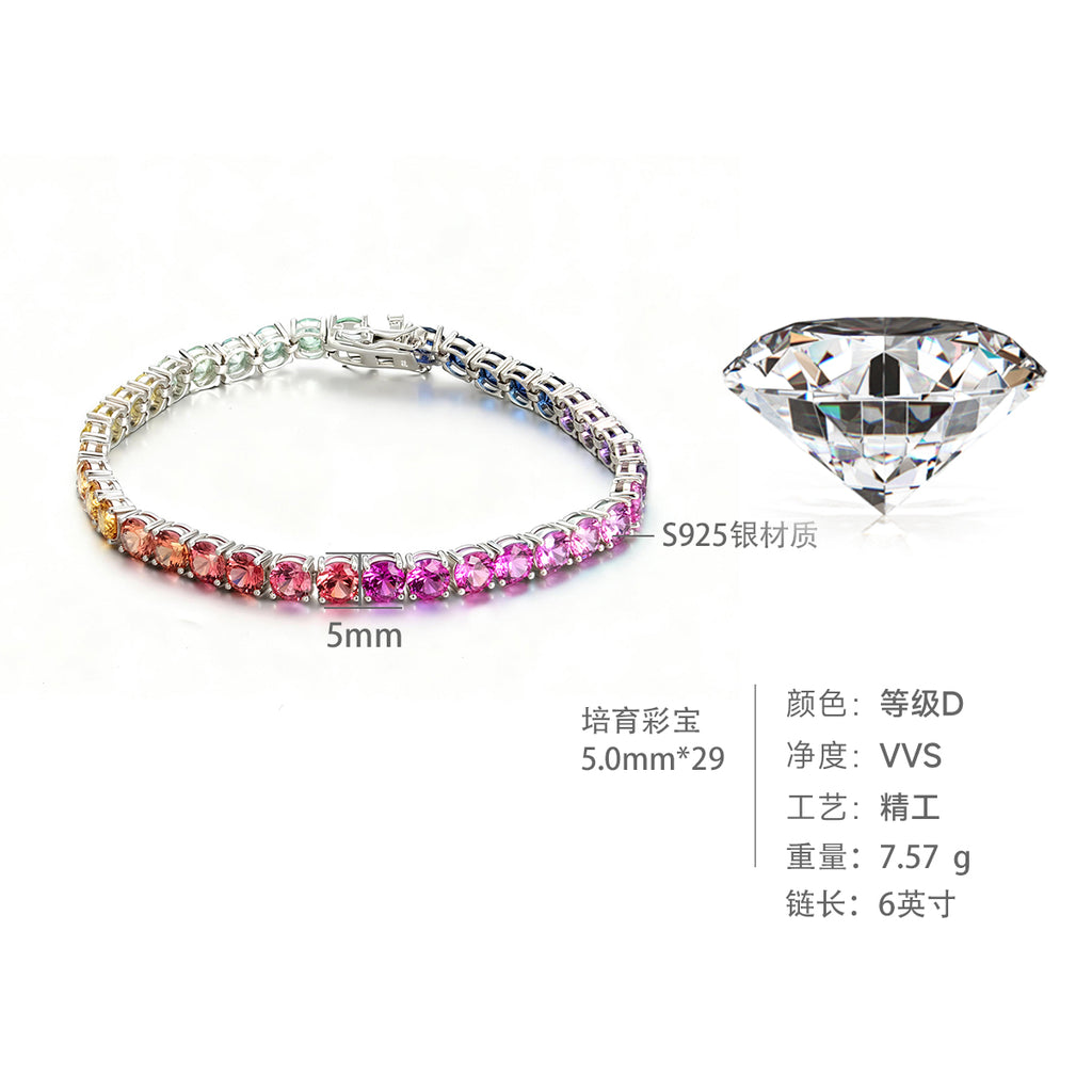 S925 Argent Sterling 5mm Rainbow Lab-Grown Gemstone Bracelet de tennis pour femmes Platinum Pla