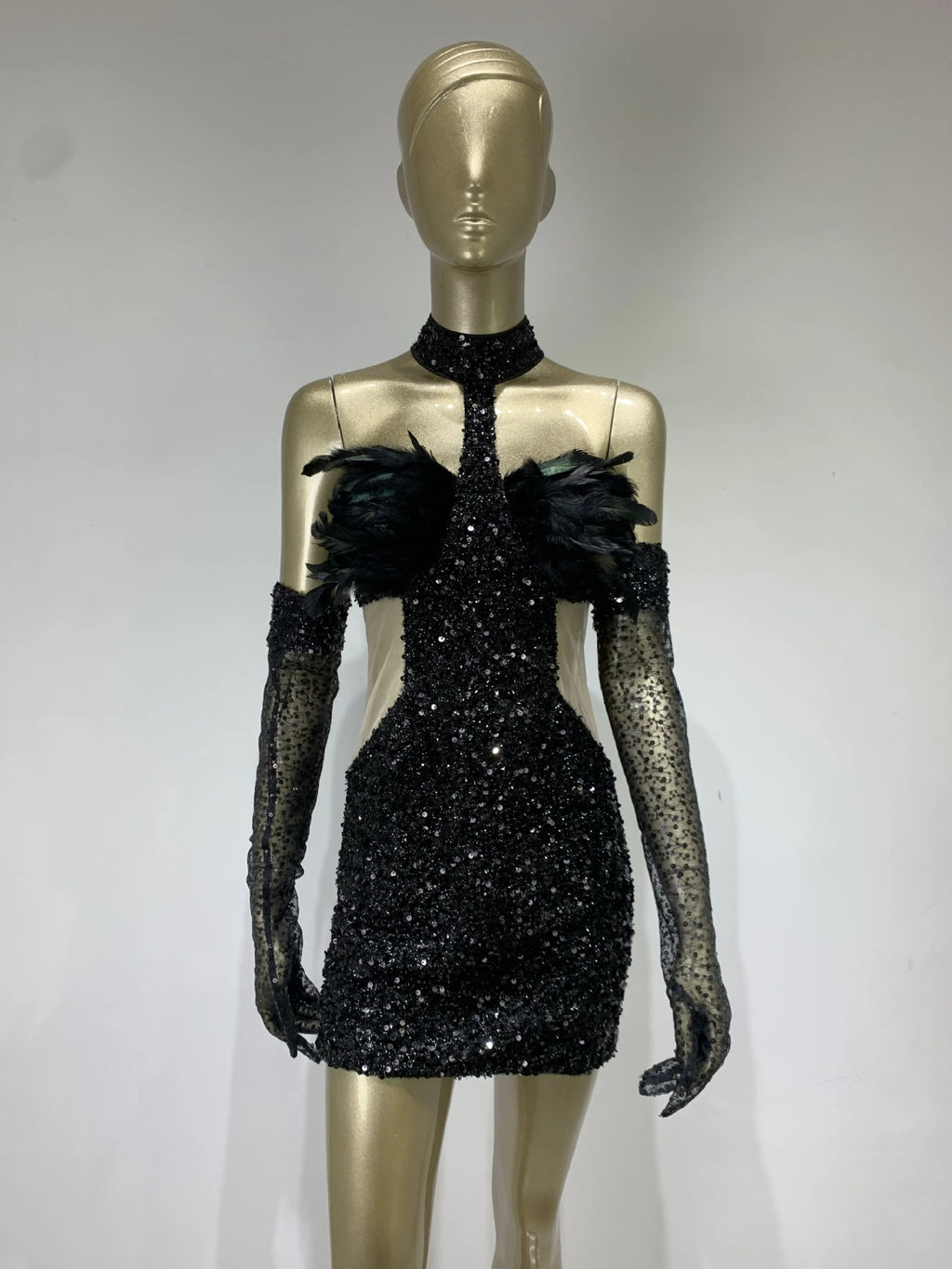 Robe Peintre Halter Paillettes Jupe courte avec Gants Robe