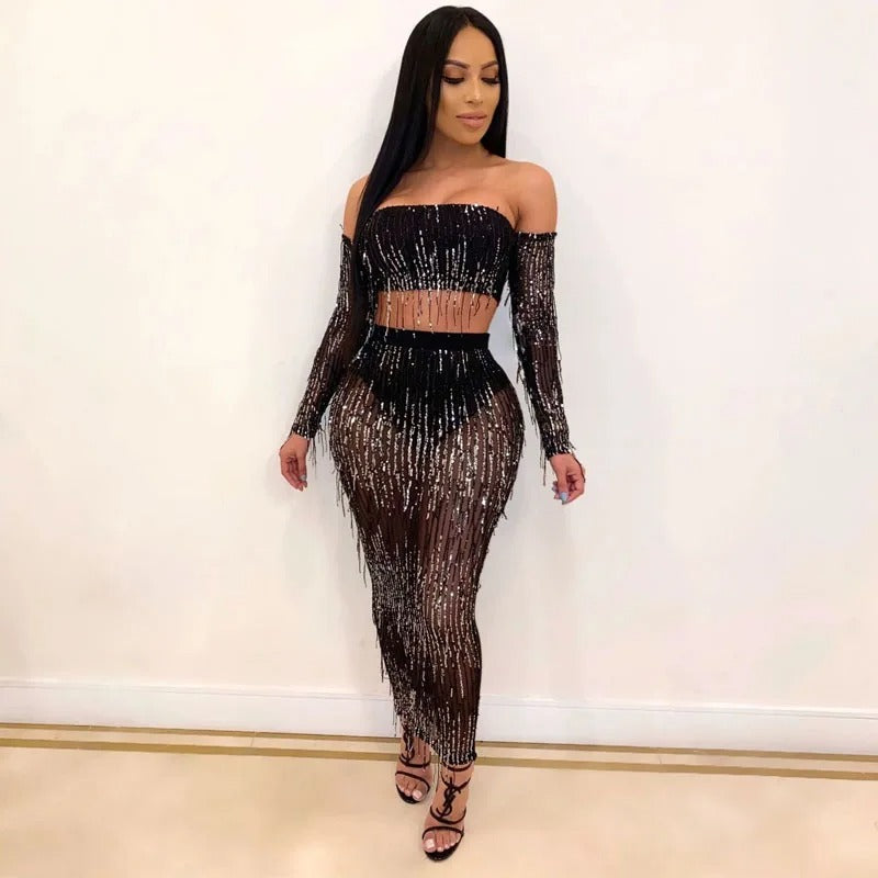 Mode Sexy See-through Mesh Sequins Tassel Ensemble deux pièces