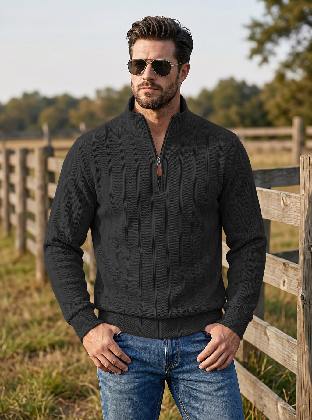 TK Hommes Vertical Stripe Waffle Half-Zip Stand Collar Long Sleeve Top