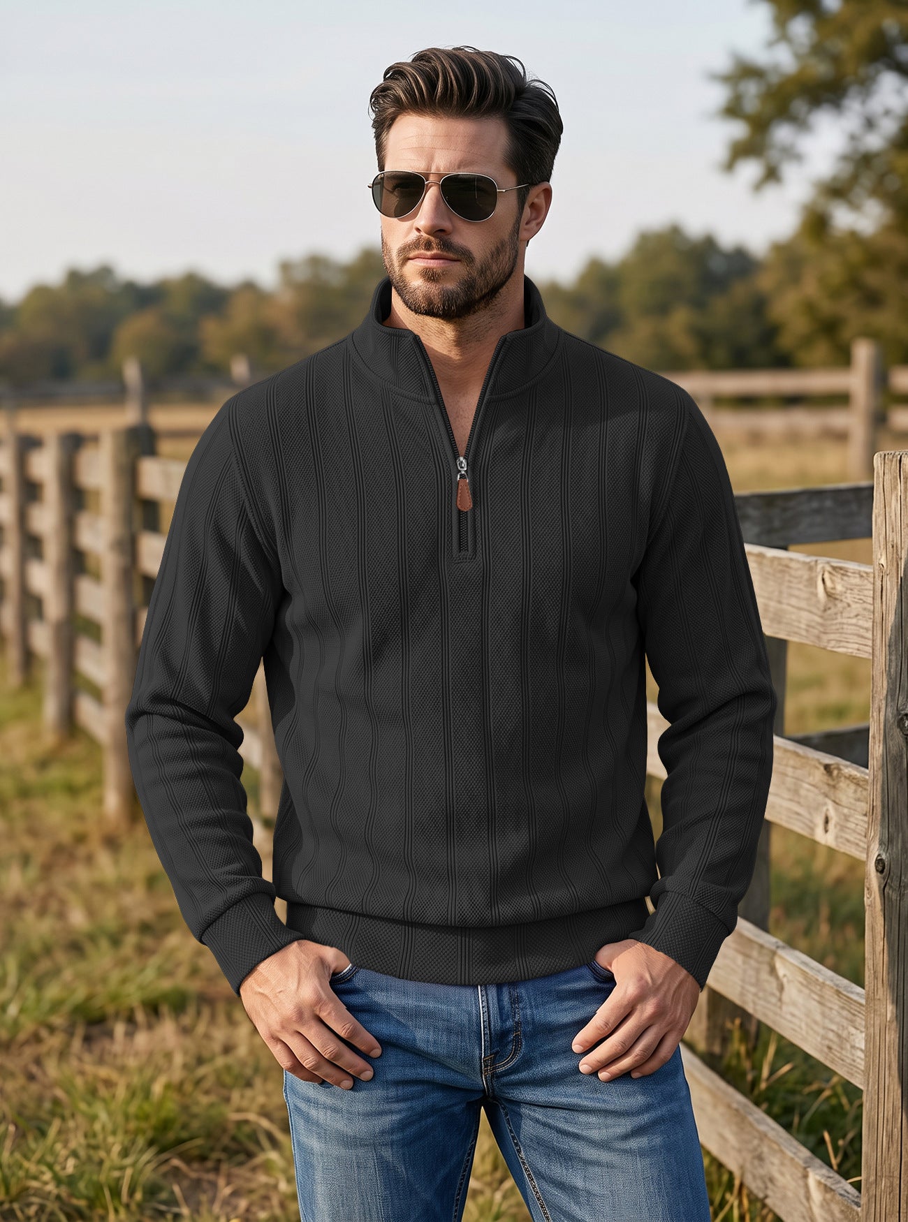 TK Hommes Vertical Stripe Waffle Half-Zip Stand Collar Long Sleeve Top