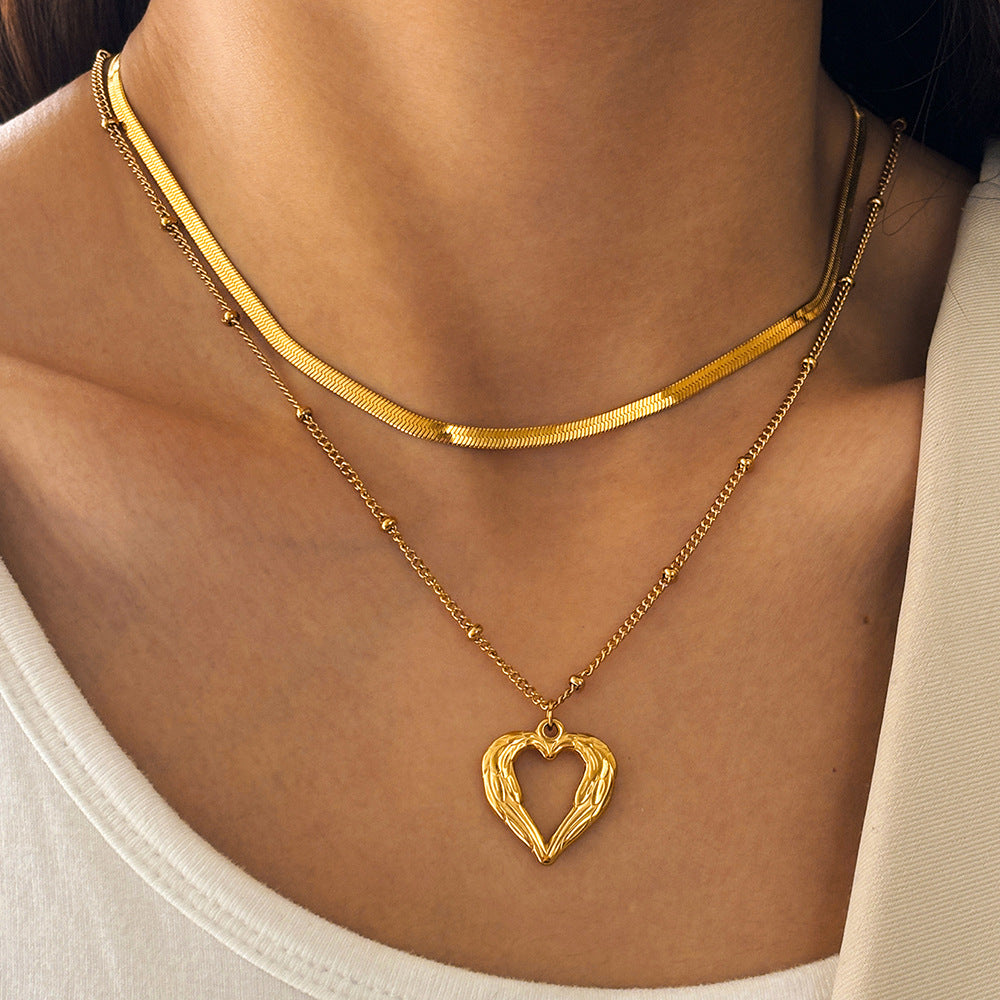 Femmes Collier en couches Double chaîne Serringbone Serpent Chaîne Chaîne Perle Chaîne Angel Wing Hollow H