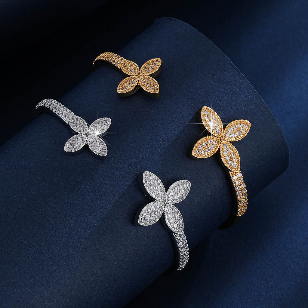 Luxury Asymétrique Double Fleur Zircon Inlaid Open Bangle