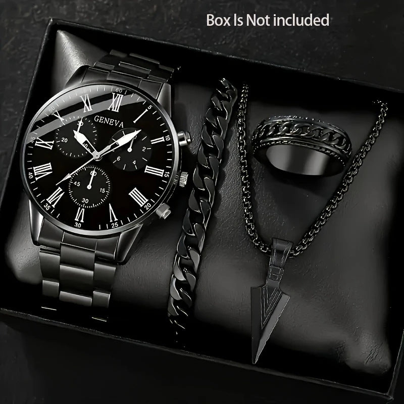 Hommes Quartz bracelet de collier de montre et bague 4 pièces