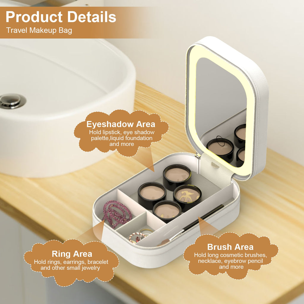 1Pc Portable Sac de maquillage de voyage avec miroir LED Rechargeable miroir de beauté avec 3 couleurs