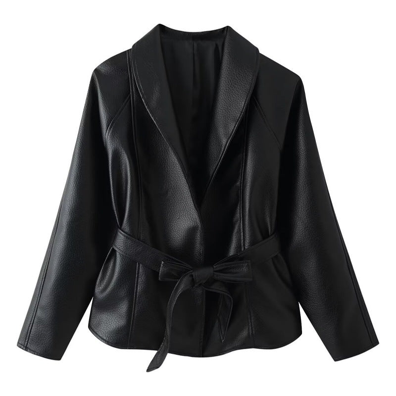 Dentelle PU Veste en cuir pour femmes Veste en cuir court avec conception de cravate