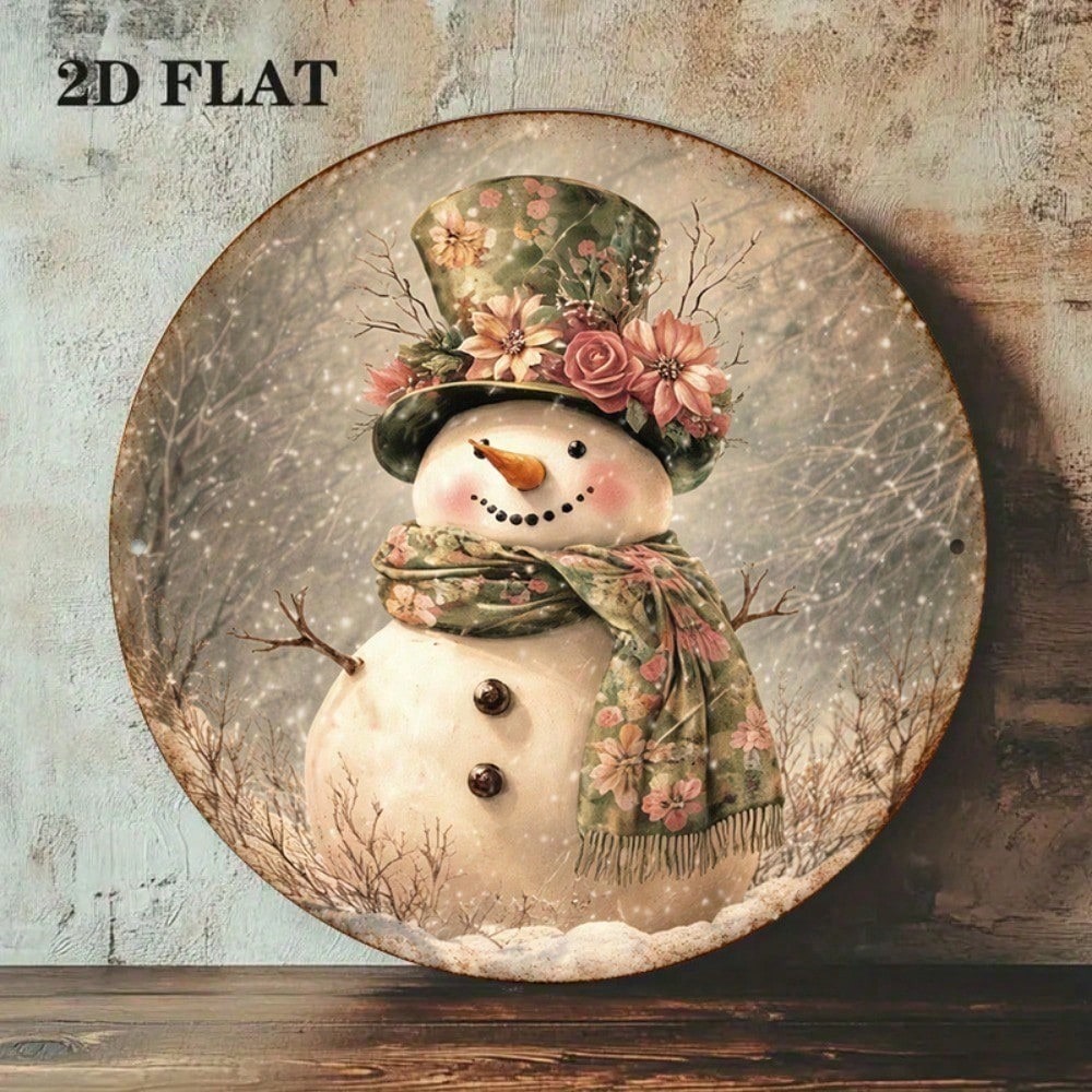 Vieux Snowman rond panneau 8x8in mignon hiver vacances décoration mur