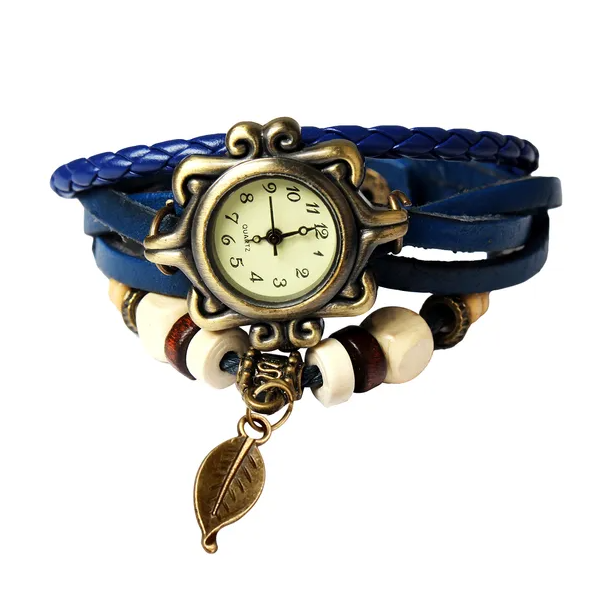 Beau style bohème rétro en cuir fait main Leaf Femmes Montres Bleu