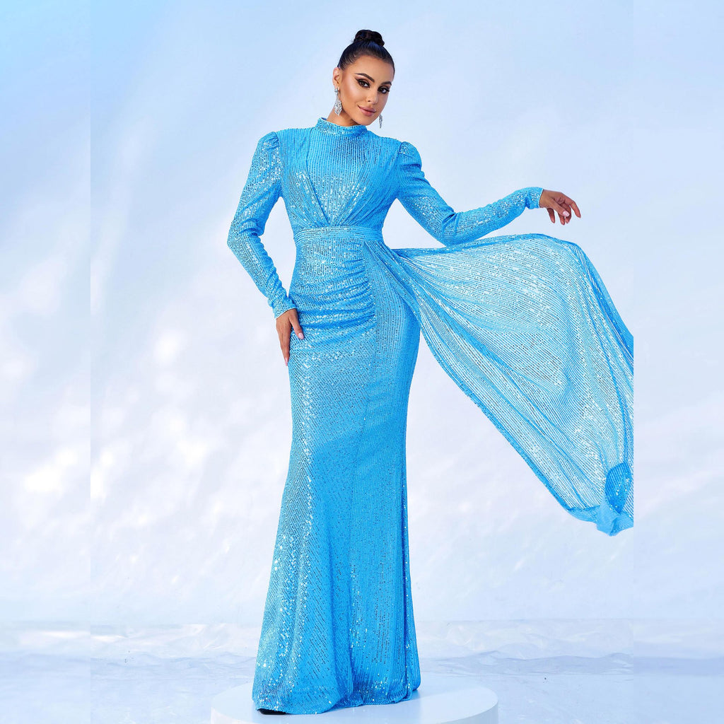 Manches longues Col rond Sexy Slim Robe de banquet longue pailletée
