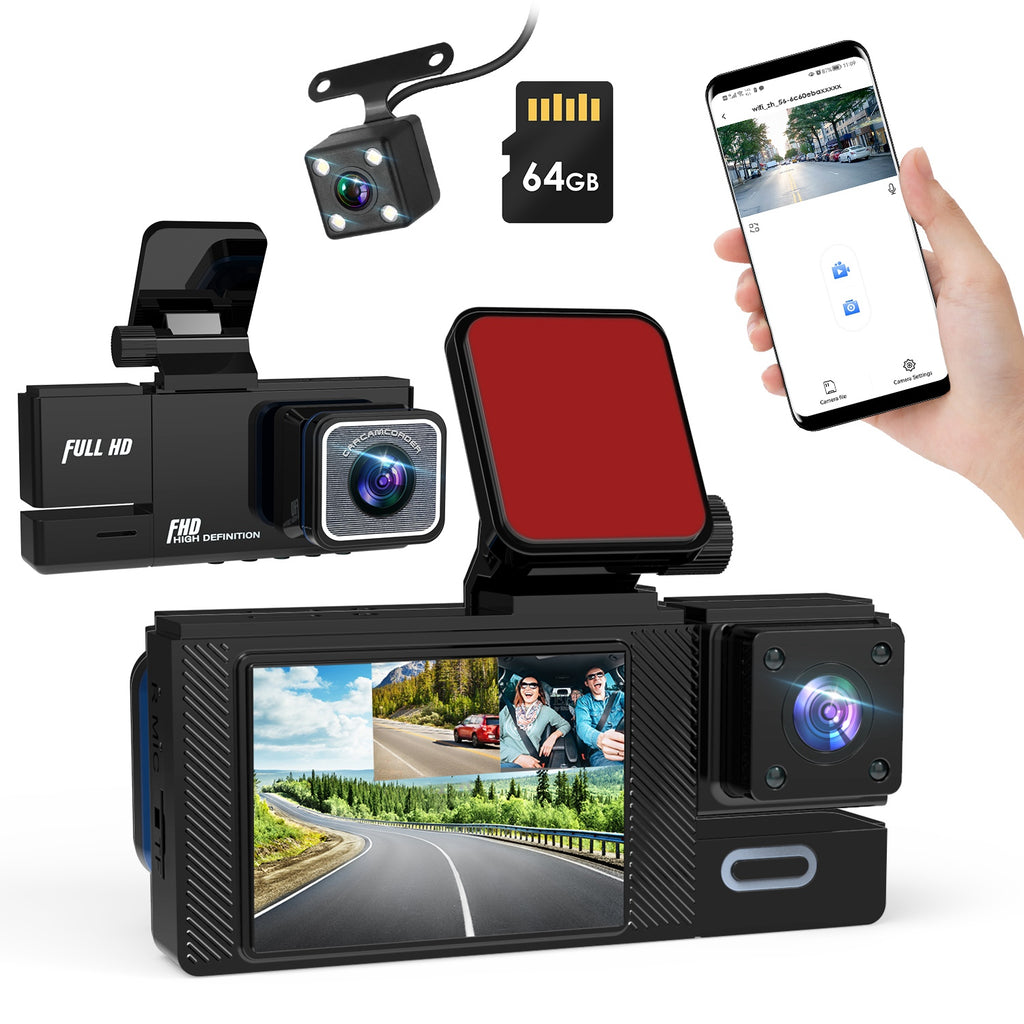 1Pc WiFi FHD 1080P voiture Dash Cam 3 canaux arrière avant caméra de Dash intérieur avec boucle Recordi