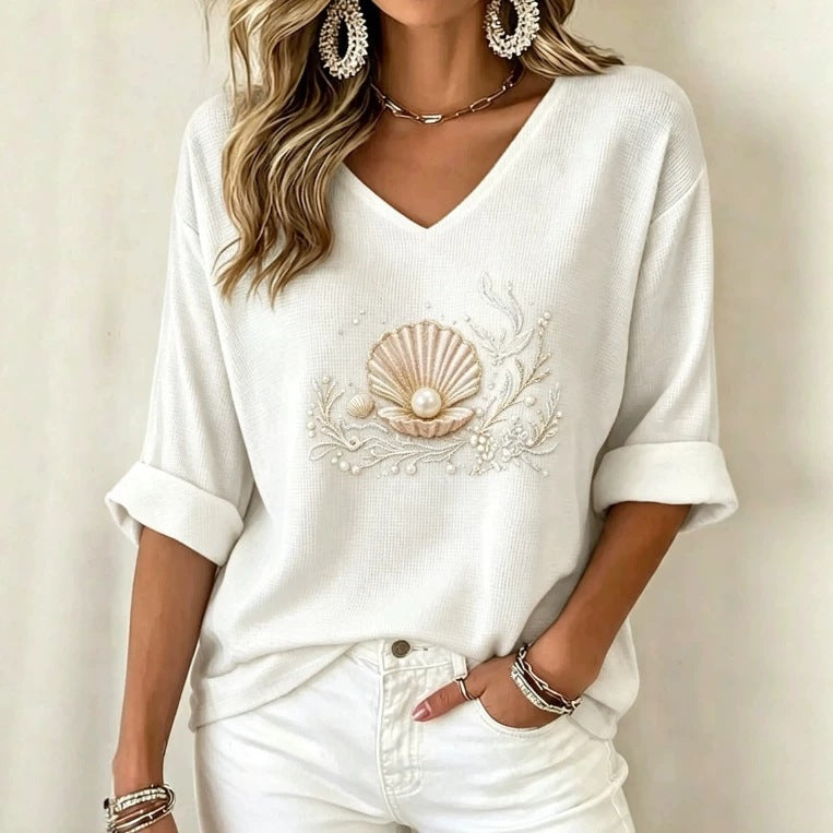 T-shirt femme en col V imprimé