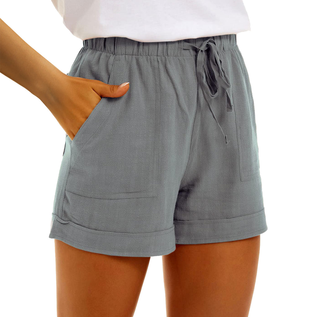 Vente Ladies Solid Color Cotton Lin Pocket Strap High Waist Casual Short
