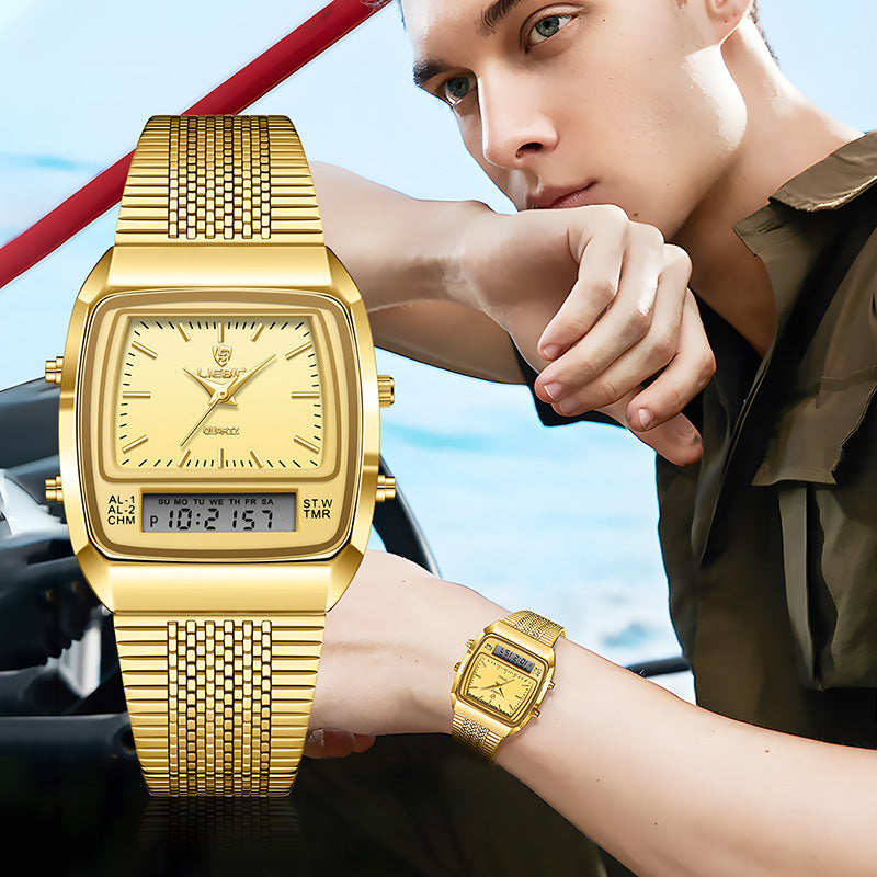 Business Casual Mesh Belt Waterproof Double Display Montre électronique Quartz