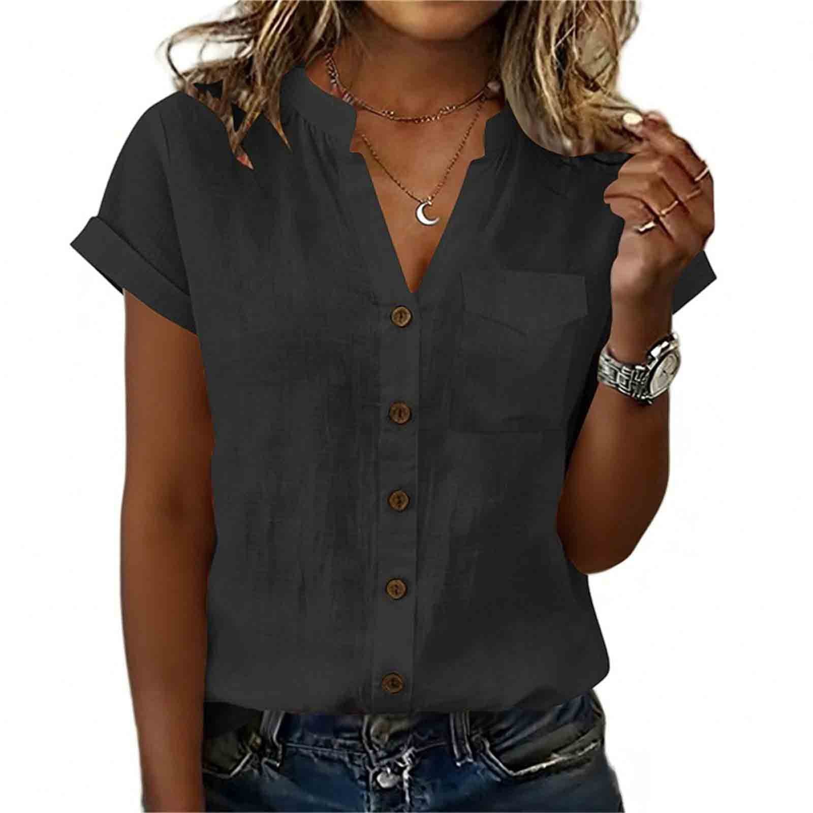 Chemise à manches courtes Elegant Solid Couleur pour femme avec poches