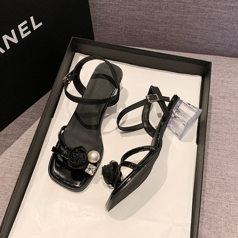 Femmes Argent Perle Florale Sangle de cheville Bloc talon Sandales