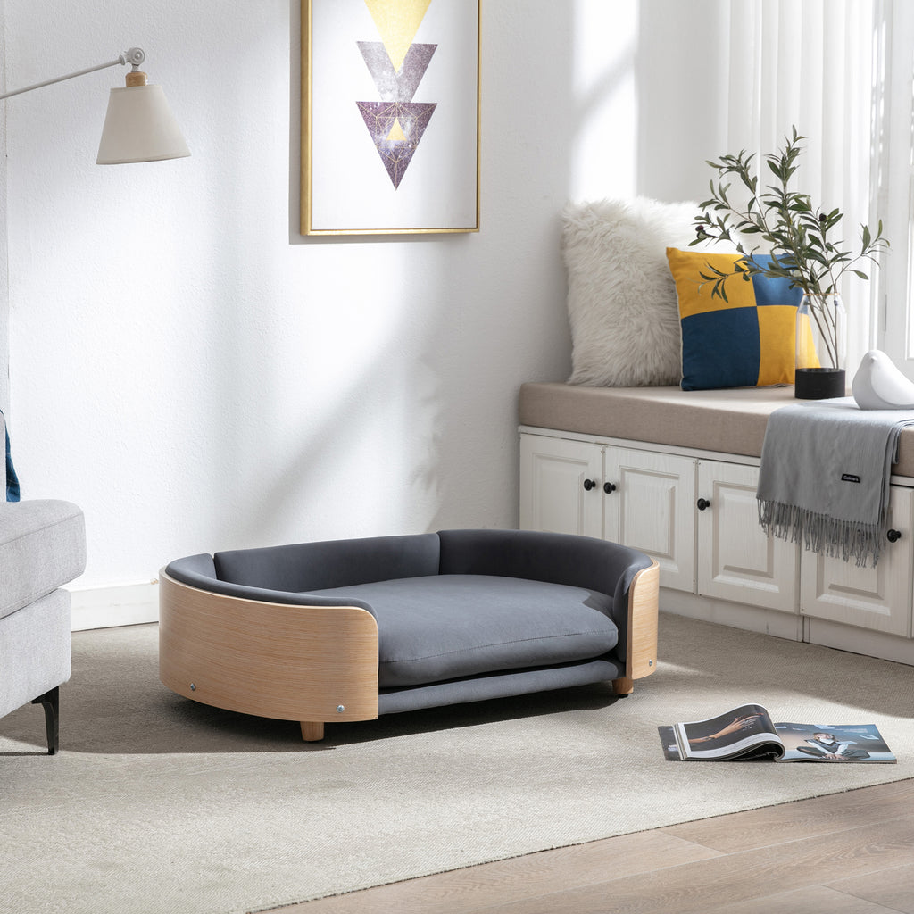 Style scandinave Lit de chien élevé Canapé pour animaux avec pieds en bois massif et dos en bois bent