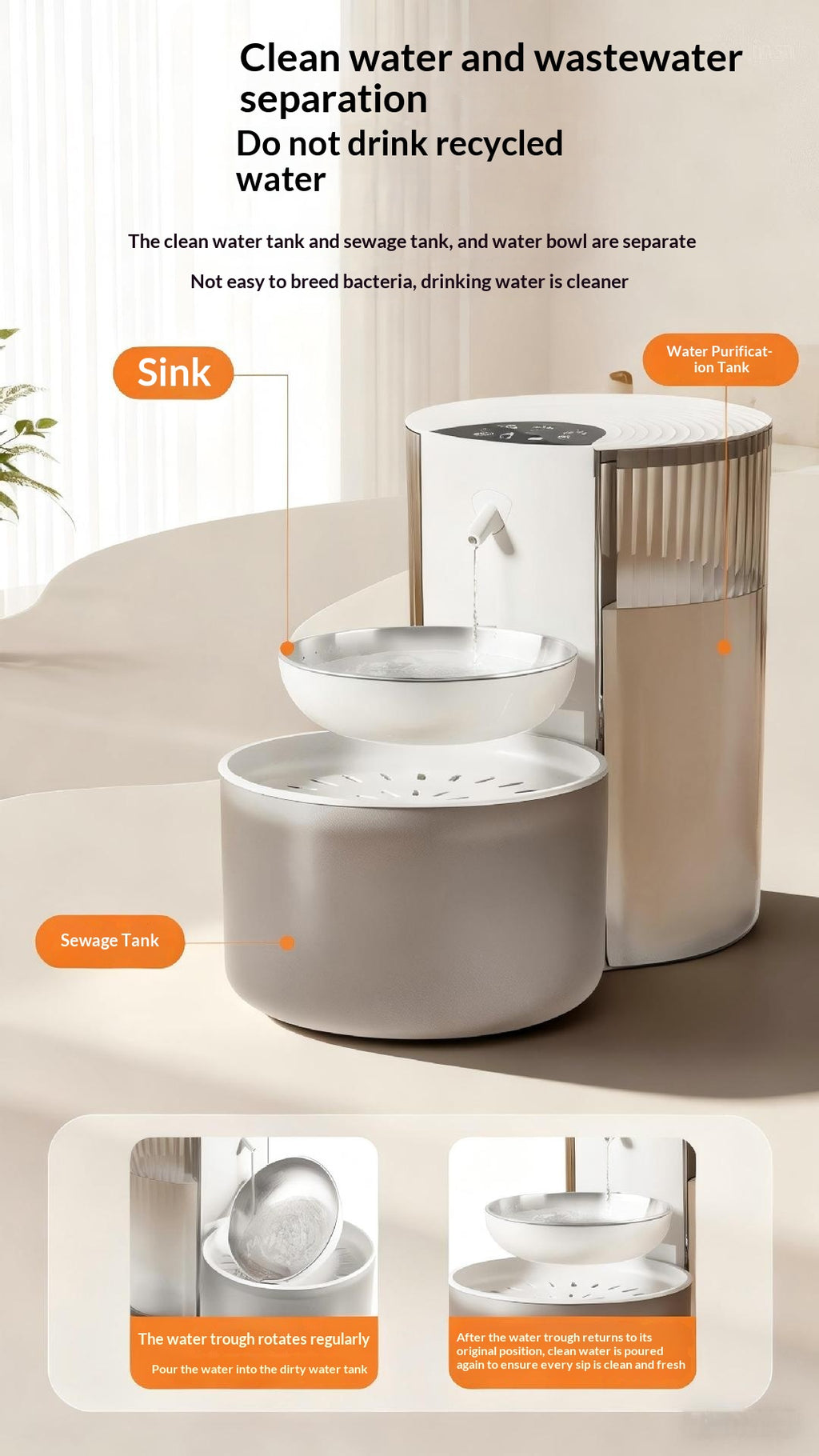 Smart Constante-Température 3L Fontaine d'eau pour animaux avec séparation de l'eau propre et rinçage Mec