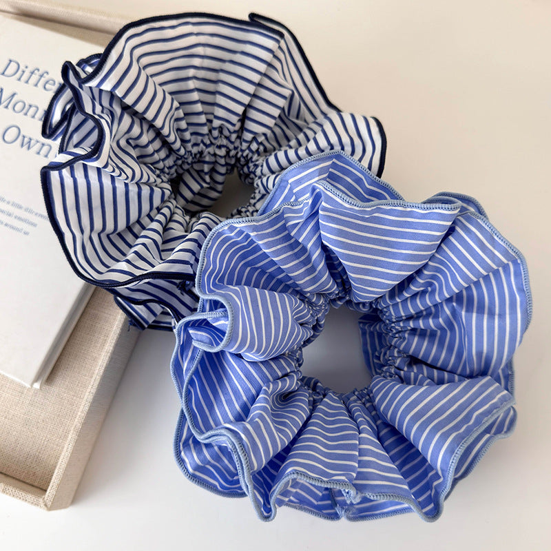 Sweet Blue rayé double couche Grande bague de cheveux intestinale Accessoires de cheveux tout-match