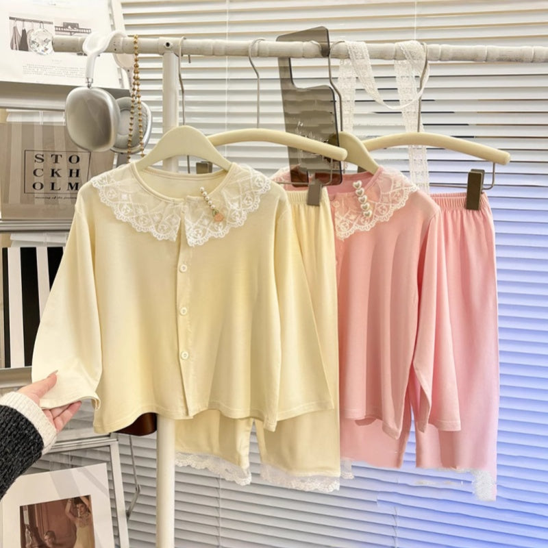 Fille's SpringSummer Cardigan Modal Collier de dentelle longue manches Pajama Set