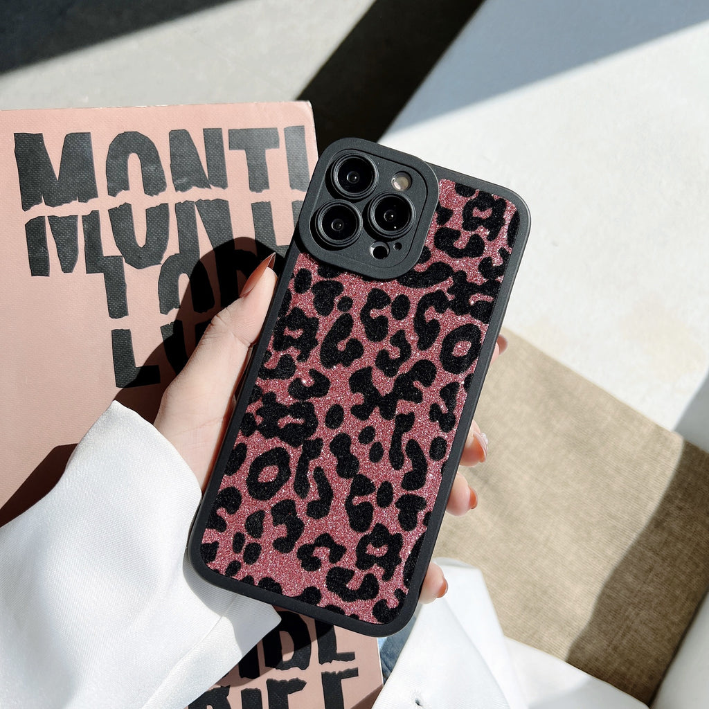 Leopard Glitter Plush pour téléphone portable boîtier silicone anti-dérapant