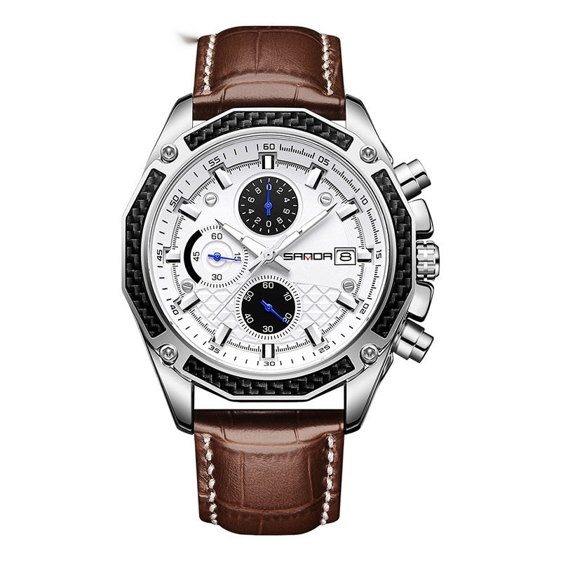 Calendrier de la sangle de quartz Trois yeux et six aiguilles montre pour hommes