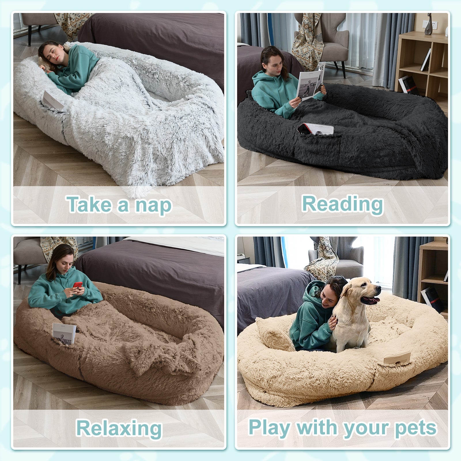 Lit de chien humain surdimensionné pour adultes et animaux de compagnie