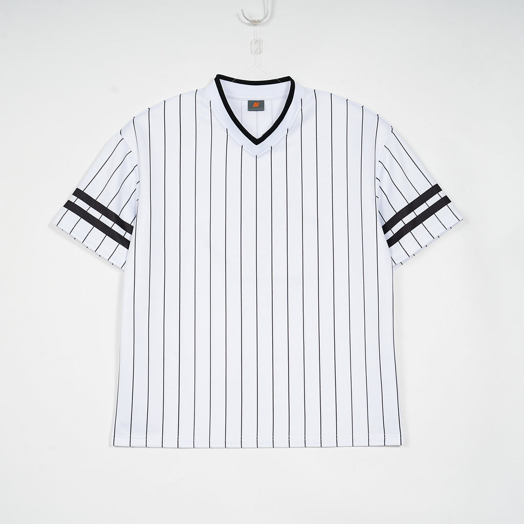 Couleur-bloc Ribbed col V manches courtes hommes T-shirt Loose-fit rayé Design