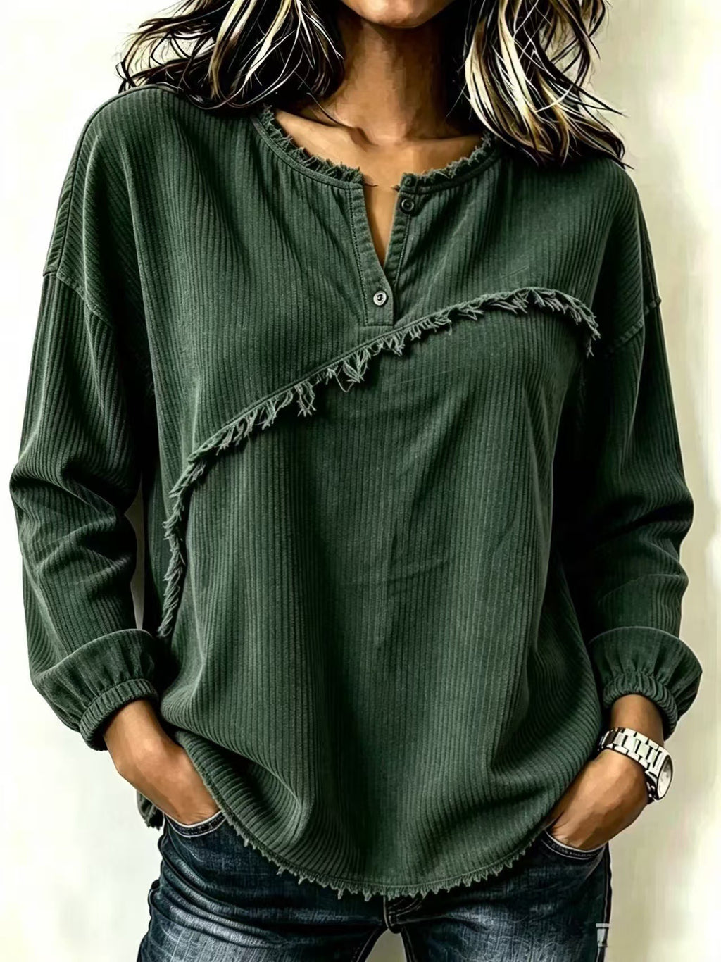 Femmes Col de Henley Corduroy Top avec Tasseaux Raw-edge