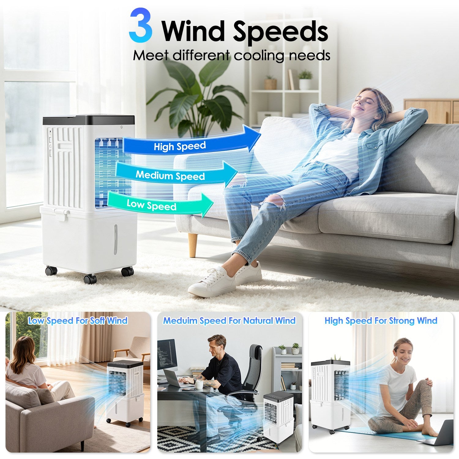 Ventilateur de refroidisseur d'air portable 12L Climatiseur par évaporation avec double touche de réservoir d'eau à 3 vitesses