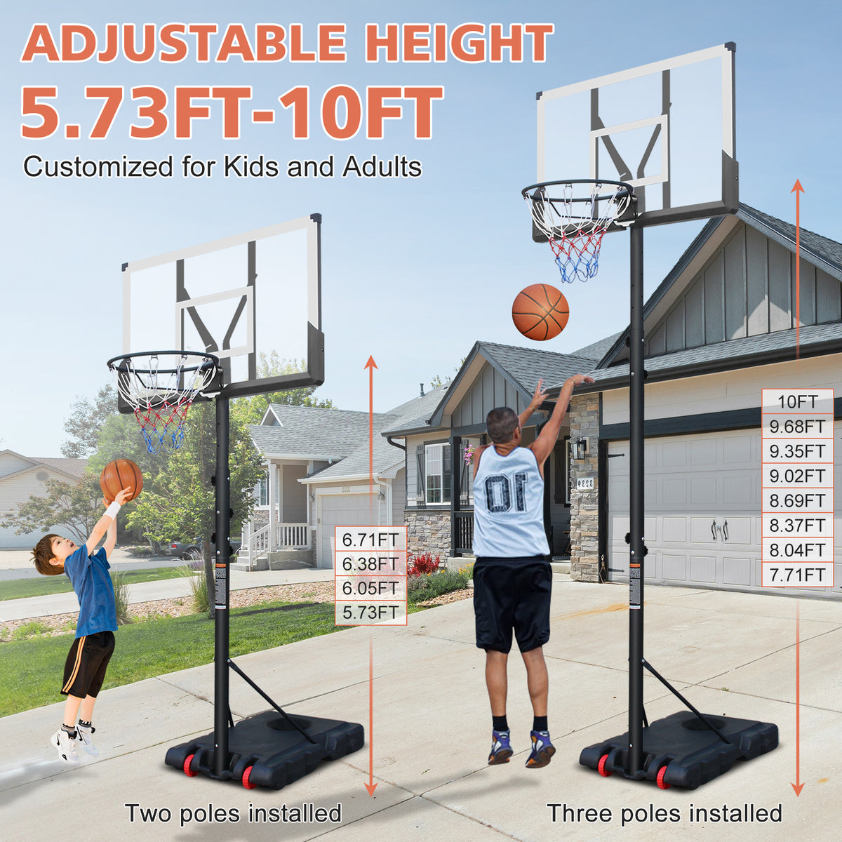 Basketball Hoop 5.73-10FT But de basketball portable réglable en hauteur pour intérieur extérieur Ba