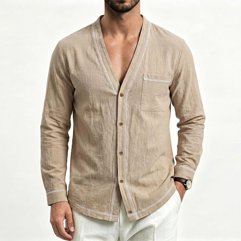 Men's Spring Autumn Lin T Shirt Men S Shirt European Size V Neck Blazer Long Sleeve Fash