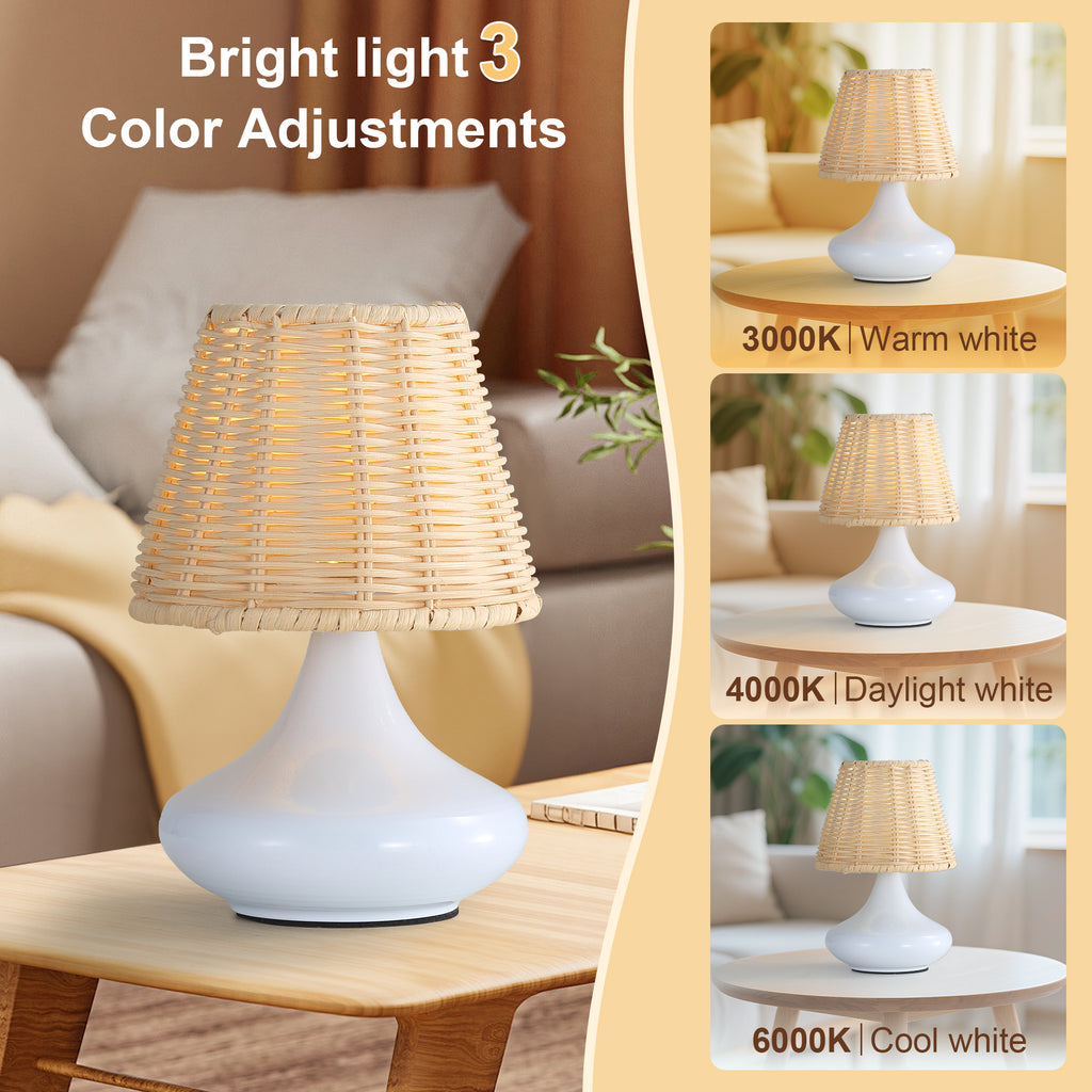 Lampe de table en bambou blanc Lampe de bureau variable Lampe de nuit avec base en fer et trois couleurs