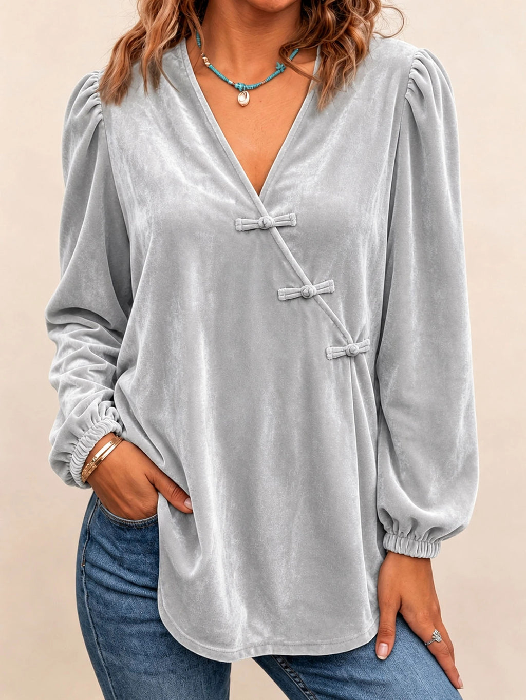 Women's Gold Velvet V-neck Top