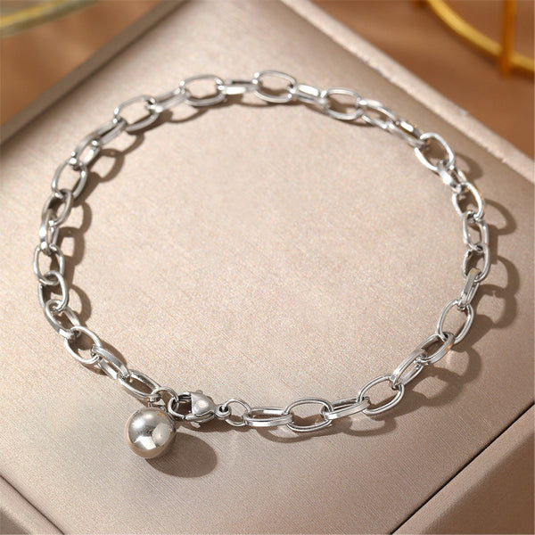 Femmes Paperclip Link Chaîne Bracelet Or Ton Dangling Round Ball Charm Acier inoxydable Lo