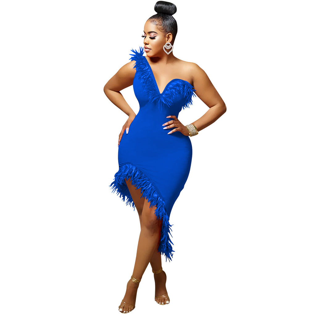 Robe sans manches sans col en V à plumes de poitrine Irrégulier Midi