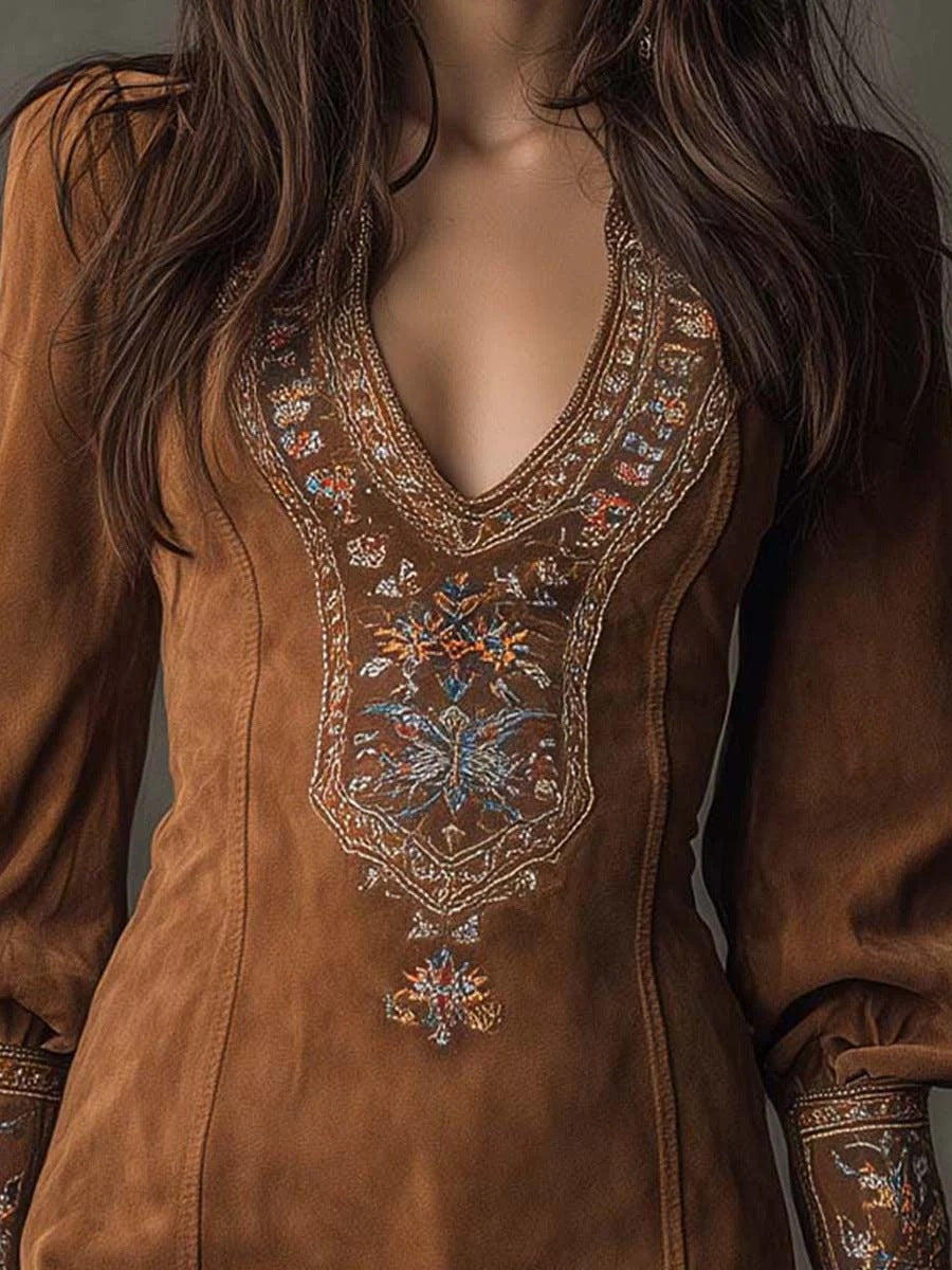Printemps Été Européen et Américaines Manche Long V Col Robe Sexy Brodée Dres