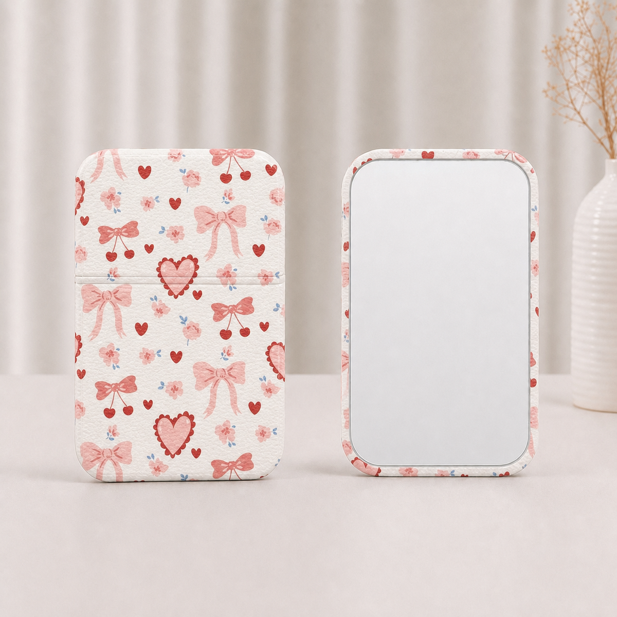 Sweet Coquette Bow Heart Print Folding Compact Mirror PU Leather Stand Up Pocket Maquillage Mi