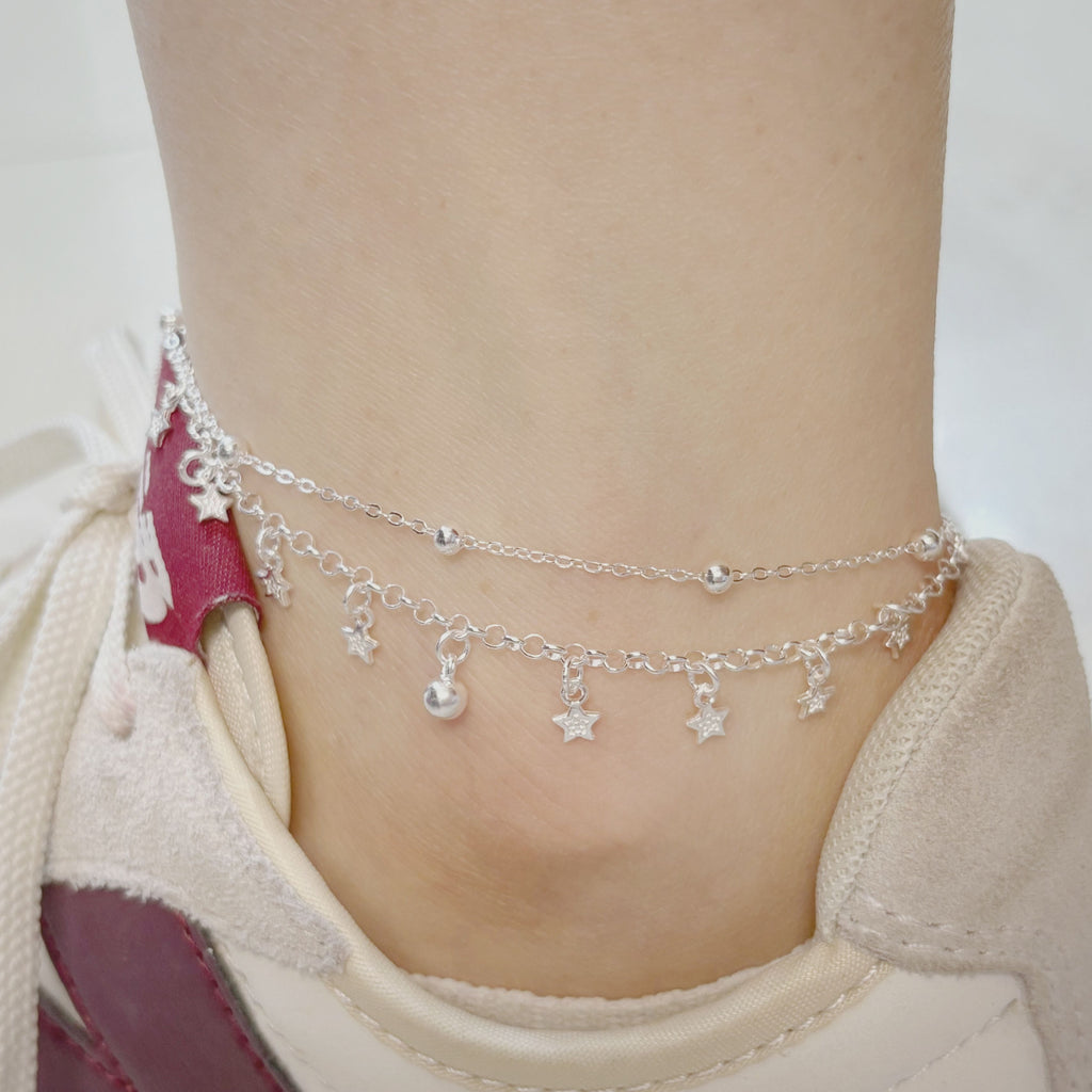 1pc 999 Argent Sterling Double-Layer Star & Perle Anklet