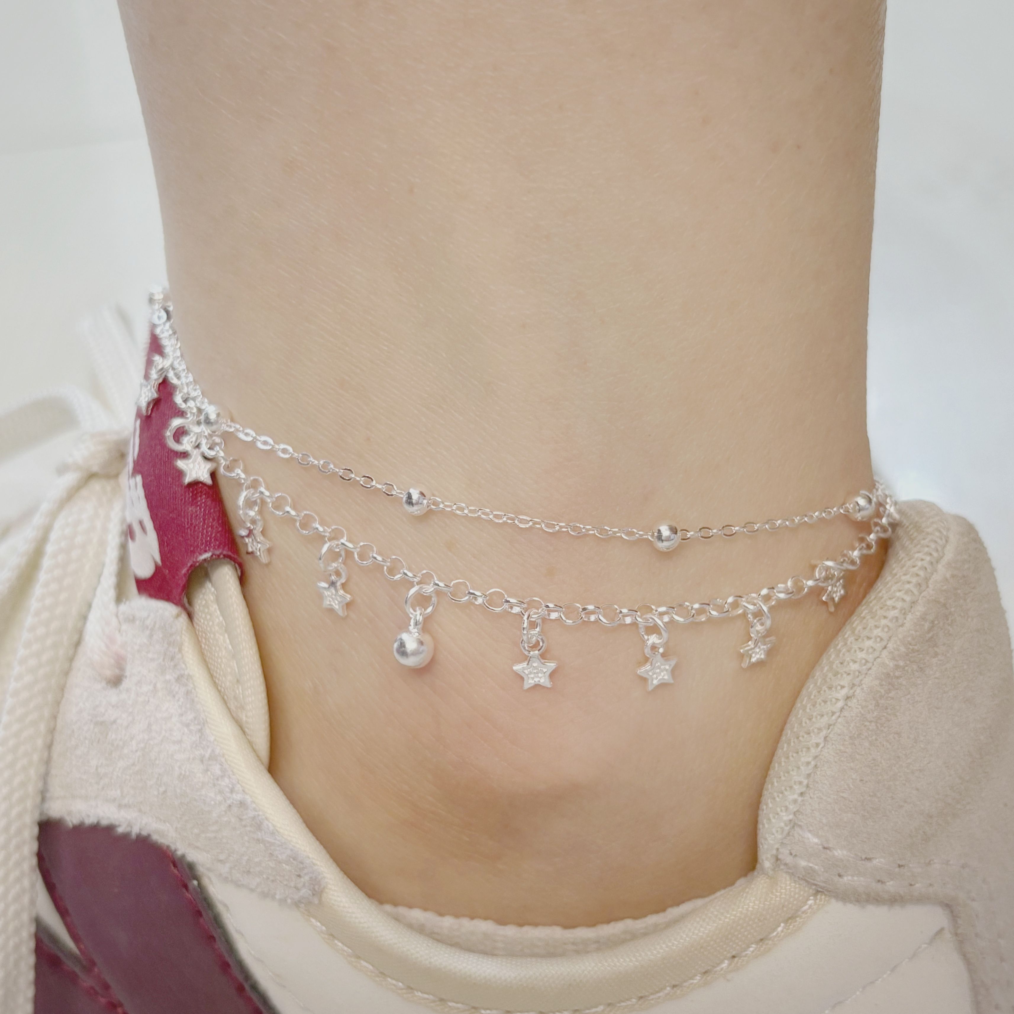 1pc 999 Argent Sterling Double-Layer Star & Perle Anklet